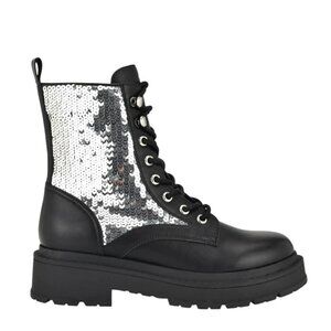 Nine West Hediy Sequin Combat Boots Black Silver Sparkle Chunky Lug Sole Glam